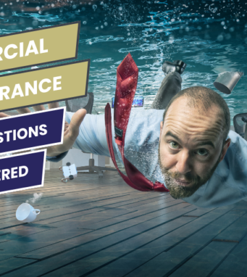 Man in a flooded office wearing a suit with floating debris around, with text overlay reading 'Commercial Flood Insurance: Top 8 Questions Answered' and a Q&A icon